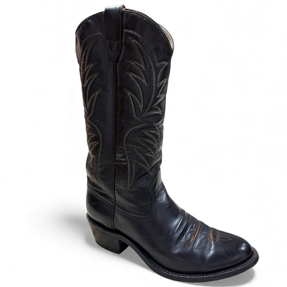 Other - Vintage Black Cowboy Boots Men’s 9D Flame Stitched Leather Western Pull On Chore